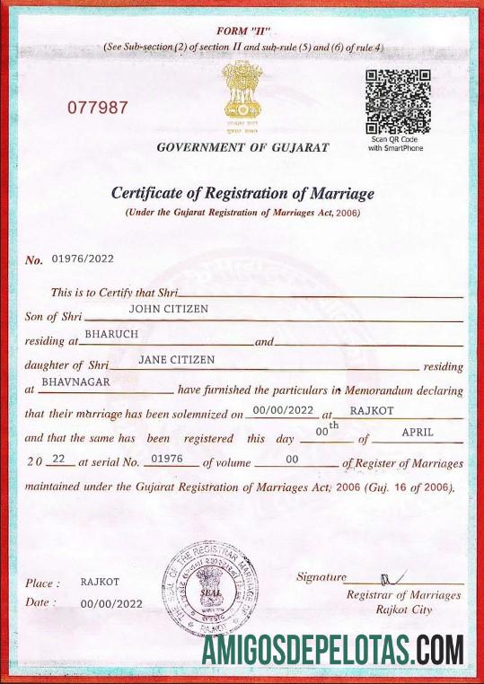 Imprimível modelo de certidão de casamento do governo da Índia de Gujarat em formato PSD
